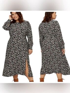 LOFT Black Floral Long Sleeve Midi Dress with Side Slit
